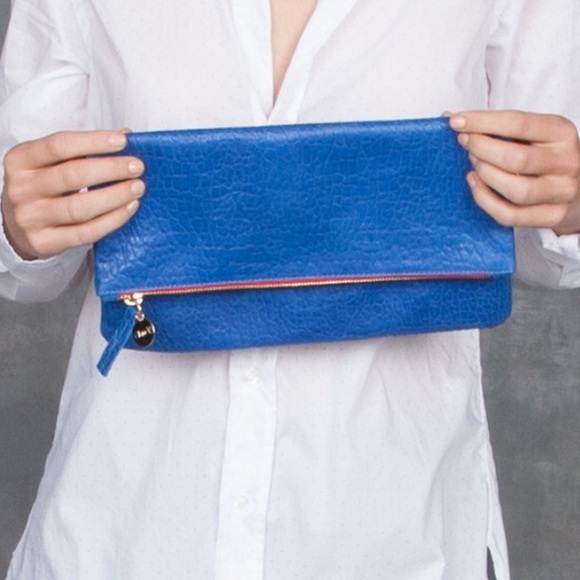 Clare V Handbags - CLARE V. FOLDOVER CLUTCH IN BLUE PEBBLE RED ZIPPER